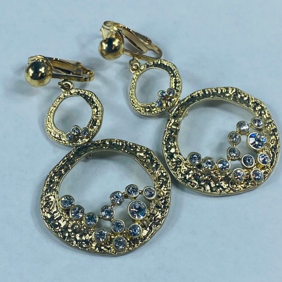 Art Deco Earrings Dangle Drop Clip-on Gold Tone Clear Rhinestones Gypsy Boho - Picture 14 of 16